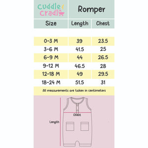 Size chart for a romper with measurements in centimeters, featuring the brand 'Cuddle & Cradle'.