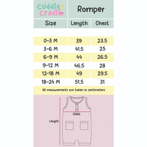 Size chart for a romper with measurements in centimeters, featuring the brand 'Cuddle & Cradle'.