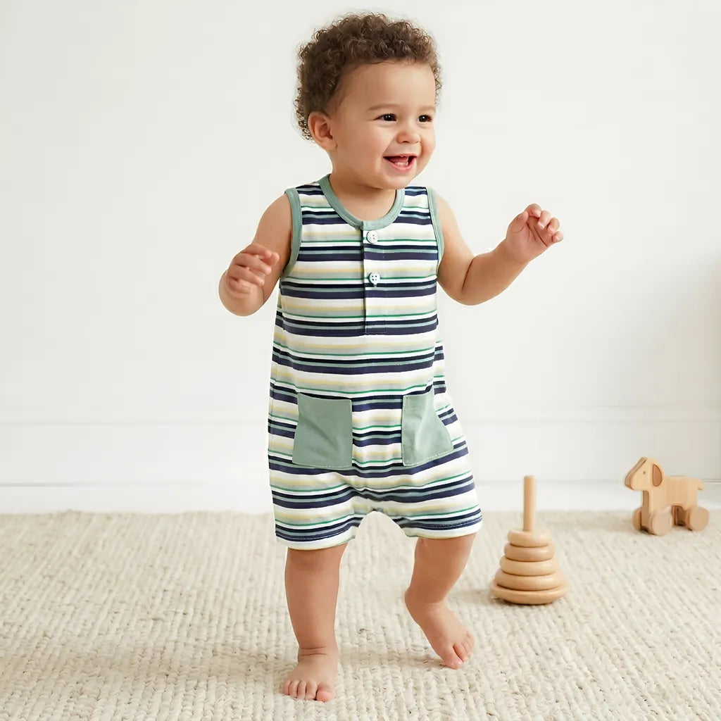 Half Length Romper (Green Stripes)