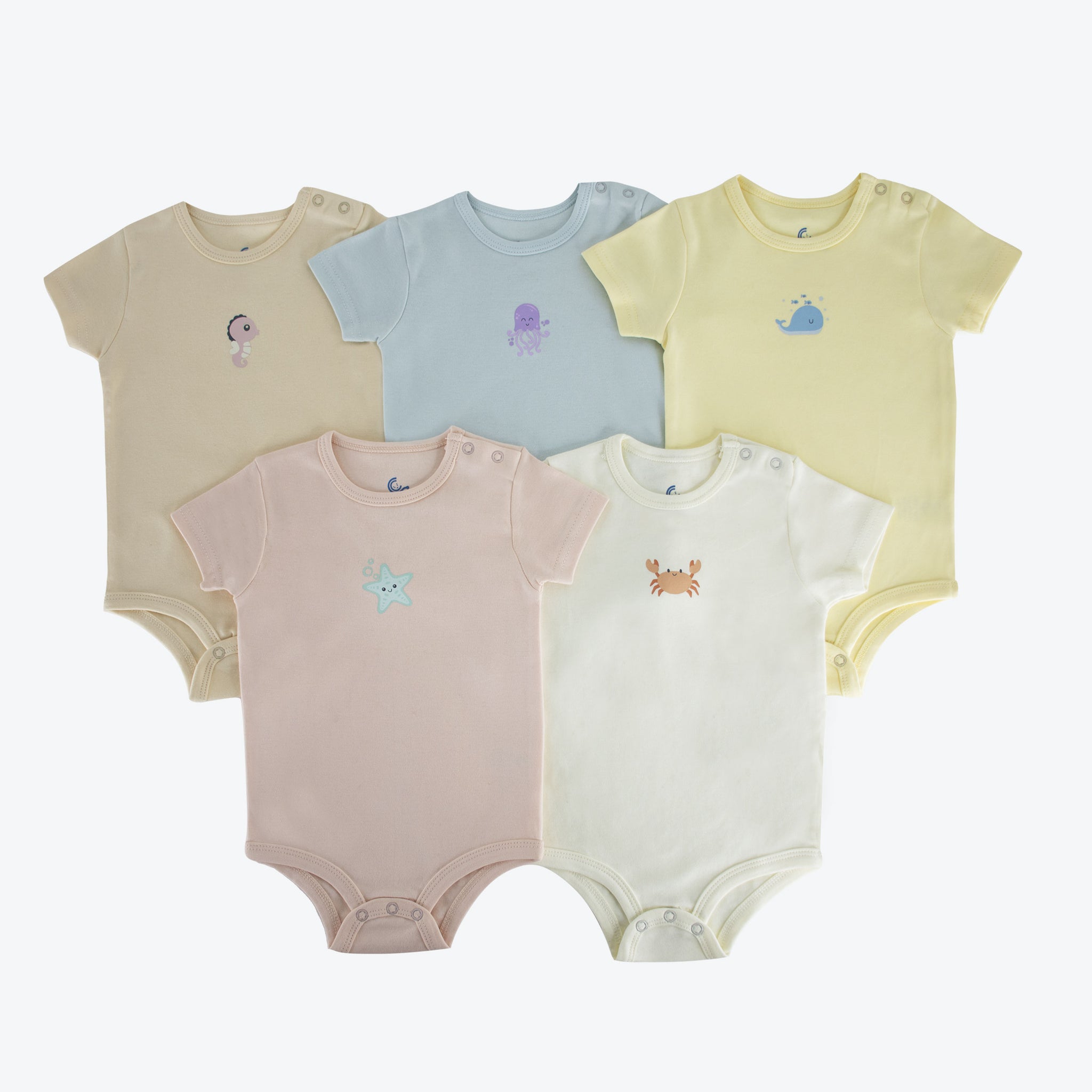 Set of 5 baby bodysuits with cute sea animals