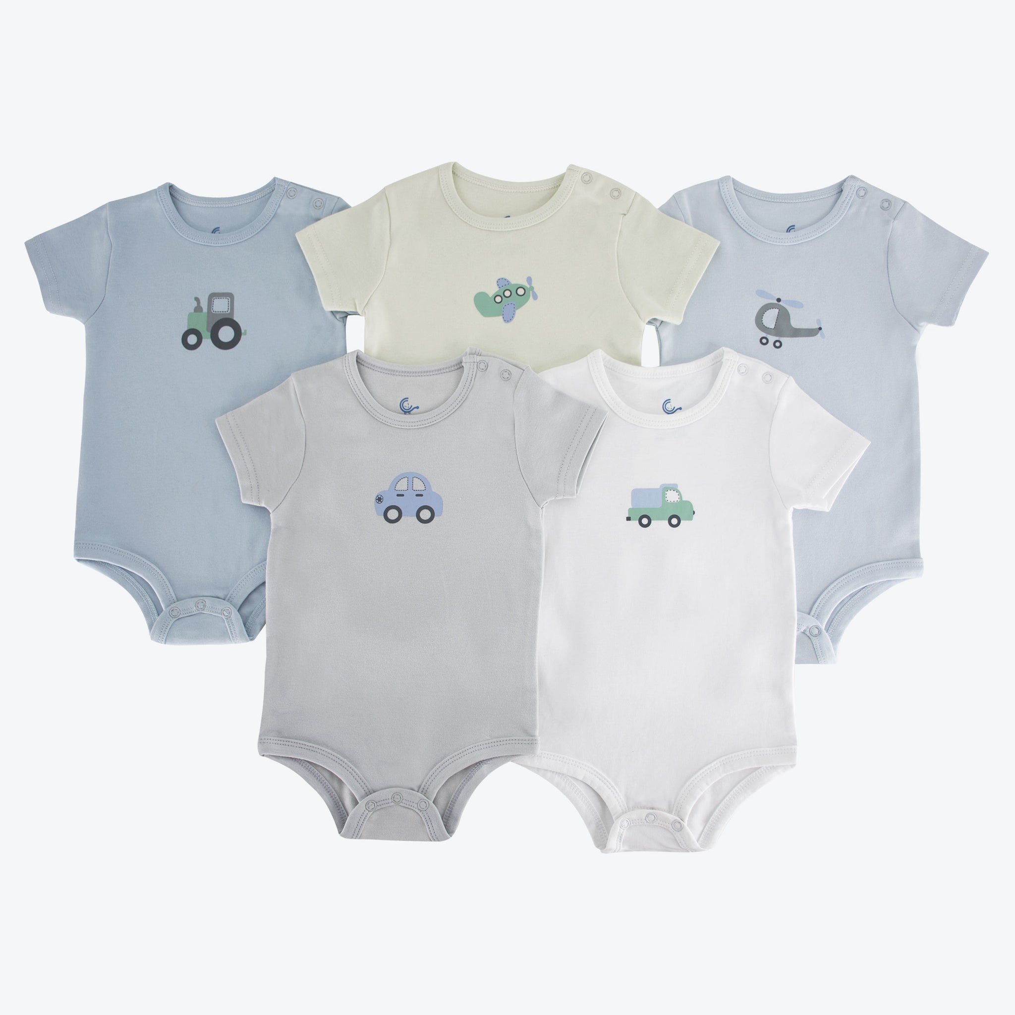 Set of 5 baby bodysuits with cool vehicles