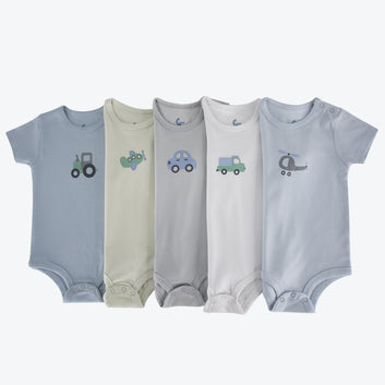 Set of 5 baby bodysuits with cool vehicles